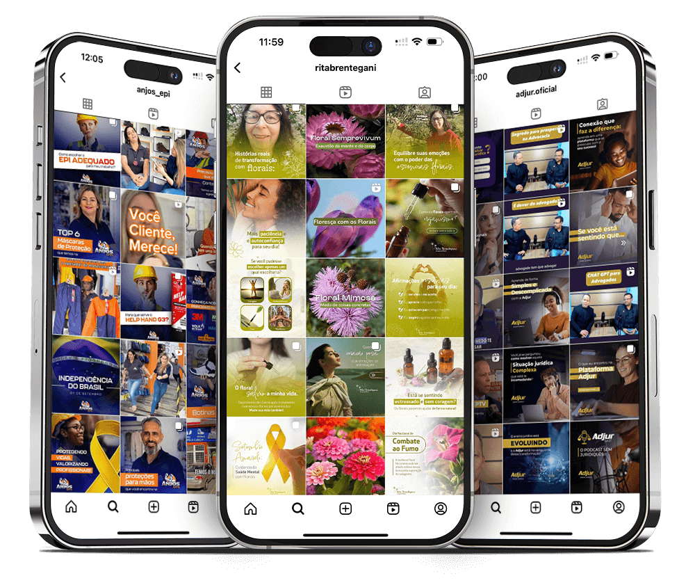 Mockup de três celulares com perfis de clientes da Elevemedia